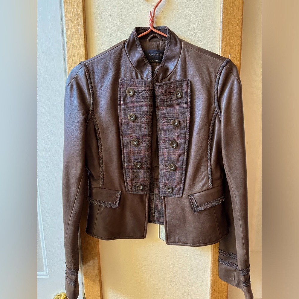 BCBG MaxAzria Brown Leather Jacket with Plaid Details